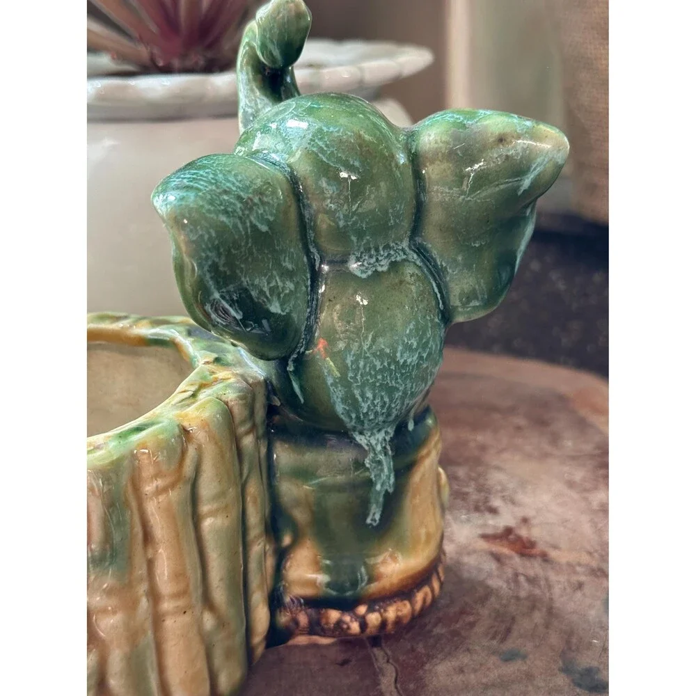 Vintage Ceramic Elephant Planter | Green Glazed Elephant & Bamboo Pot | Boho Jun